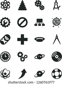 Solid Black Vector Icon Set - prohibition vector, clock face, plus, stacking toy, tumbler, gear, CD, plate, gears, scheme, atom, drawing compass, saturn, arrow up, disco ball, lifebuoy