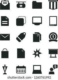 Solid Black Vector Icon Set - paper bag vector, clean sheet of, scribbled, folder, envelope, received letter, label, copy, antique advertising signboard, billboard, calendar, tablet pc, notebook