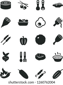 Solid Black Vector Icon Set - plastic fork spoons vector, iron, canned goods, slices of onion, spaghetti, porridge in a saucepan, lettuce plate, chicken thigh, grill leg, barbecue, meat on skewers