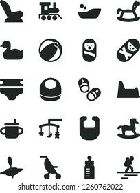 Solid Black Vector Icon Set - toys over the cradle vector, mug for feeding, bottle, diaper, bib, baby, car child seat, summer stroller, rubber duck, bath ball, children's bathroom, roly poly doll