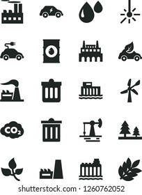 Solid Black Vector Icon Set - bin vector, dust, working oil derrick, leaves, wind energy, factory, hydroelectric station, hydroelectricity, forest, industrial building, thermal power plant, drop