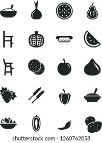 Solid Black Vector Icon Set - a chair for feeding vector, child, mini hot dog, bowl of buckwheat porridge, rice, plate fruit, barbecue, orange slice, biscuit, half pomegranate, branch grape, fig