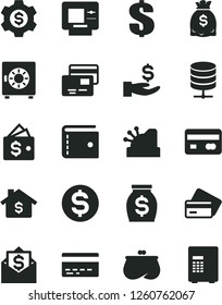Solid Black Vector Icon Set - bank card vector, purse, dollar, big data server, strongbox, cards, reverse side of a, get wage, money, dollars, cashbox, mortgage, gear, wallet, mail, atm, credit