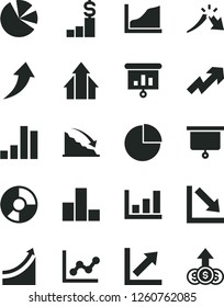 Solid Black Vector Icon Set - growth up vector, pie chart, bar, graph, negative, recession, a crisis, ring diagram, charts, presentation, board, arrows, arrow, dollar pedestal