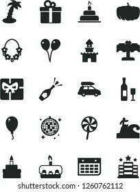 Solid Black Vector Icon Set - colored air balloons vector, balloon, birthday cake, gift, torte, lollipop, pumpkin, wall calendar, giftbox, sand castle, wine, champagne, car baggage, palm tree, hotel