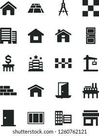 Solid Black Vector Icon Set - house vector, dwelling, brick wall, window frame, ntrance door, interroom, buildings, city block, tile, ceramic tiles, paving slab, home, industrial enterprise, exit