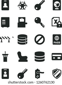 Solid Black Vector Icon Set - prohibition vector, Baby chair, key, door knob, road fence, passport, big data, reverse side of a bank card, encrypting, biohazard, airport tower, identity, access