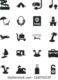 Solid Black Vector Icon Set - suitcase vector, passport, sand castle, plane, camper, rolling, tent, beach, arnchair under umbrella, palm tree, hawaii wreath, aquapark, diving mask, surfing, baggage
