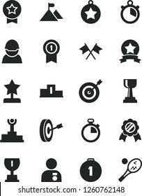 Solid Black Vector Icon Set - stopwatch vector, racer, pedestal, winner podium, award, gold cup, star reward, man with medal, mountain flag, target, purpose, first place, pennant, ribbon, tennis