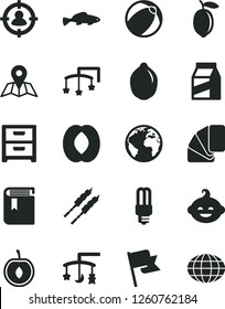 Solid Black Vector Icon Set - sign of the planet vector, book, toys over cradle, cot, baby bath ball, funny hairdo, sample colour, map, flag, nightstand, package, barbecue, small fish, half peach