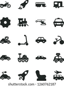 Solid Black Vector Icon Set - truck lorry vector, Baby chair, motor vehicle, present, toy train, tricycle, child Kick scooter, car, electric, retro, autopilot, space rocket, lunar rover, helicopter