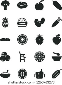 Solid Black Vector Icon Set - measuring cup for feeding vector, deep plate with a spoon, chair child, loaf, burger, bowl of rice porridge, piece meat, cucumber, carrot, ripe peach, red apple, kiwi