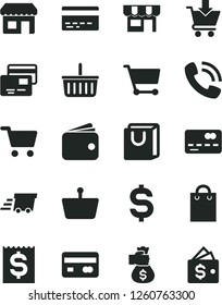 Solid Black Vector Icon Set - grocery basket vector, bank card, put in cart, bag with handles, cards, kiosk, shopping, reverse side of a, front the, denomination dollar, financial item, wallet