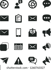 Solid Black Vector Icon Set - warning vector, envelope, speech, smartphone, survey, megaphone, copy, loudspeaker, wall calendar, network, mail, dialog, paper plane, money