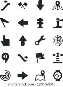 Solid Black Vector Icon Set - upward direction vector, downward, right, left, wind indicator, index finger, map, flag, lighthouse, coastal, repair, radar, cross flags, dollar pin, escalator, compass