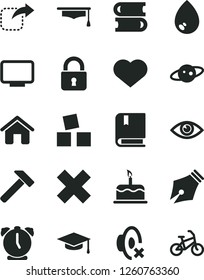 Solid Black Vector Icon Set - heart symbol vector, cross, silent mode, cubes for children, e, books, house, hammer, lock, alarm clock, eye, drop, cake, move right, monitor, graduate hat, saturn
