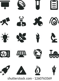Solid Black Vector Icon Set - test tube vector, microscope, telescope, electricity, bulb, satellite, bactery, globe, oscilloscope, flame, scientist, clipboard, sun panel, antenna, rocket, biology