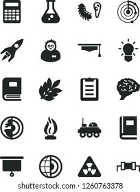 Solid Black Vector Icon Set - flask vector, nuclear, bulb, brain, bactery, book, flame, scientist, graduate hat, clipboard, calculator, radar, earth core, rocket, lunar rover, biology, resistor