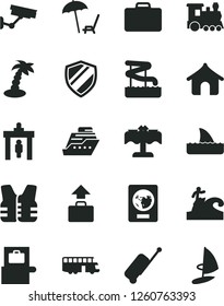Solid Black Vector Icon Set - train vector, bus, security gate, suitcase, baggage scanner, passport, rolling case, boungalow, arnchair under umbrella, palm tree, aquapark, restaurant, surfing
