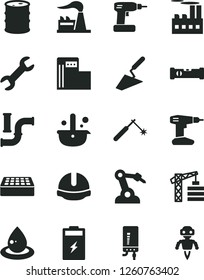 Solid Black Vector Icon Set - tower crane vector, trowel, cordless drill, construction level, helmet, brick, electronic boiler, charging battery, modern gas station, water pipes, factory, barrel