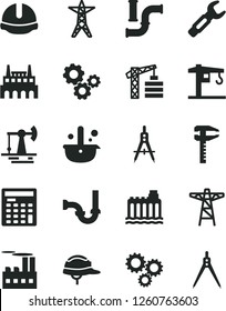 Solid Black Vector Icon Set - crane vector, tower, sewerage, construction helmet, working oil derrick, water pipes, hydroelectricity, power line, pole, industrial building, factory, steel repair key