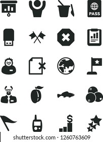 Solid Black Vector Icon Set - mark of injury vector, wind direction indicator, toy mobile phone, children's sand set, passport, delete page, small fish, blueberries, ripe plum, planet, presentation