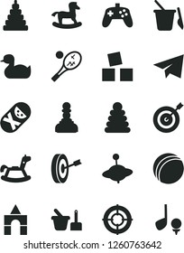 Solid Black Vector Icon Set - paper airplane vector, rubber duck, bath ball, stacking rings, toy, tumbler, sand set, children's, yule, rocking horse, small, cubes for children, box of bricks, pawn