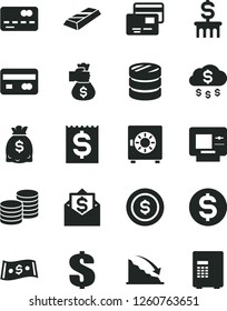 Solid Black Vector Icon Set - dollar vector, strongbox, cards, coins, reverse side of a bank card, front the, column, recession, financial item, dollars, gold bar, money bag hand, rain, coin, mail