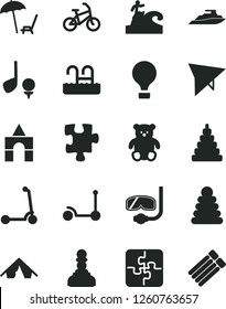 Solid Black Vector Icon Set - stacking rings vector, toy, small teddy bear, box of bricks, Kick scooter, child, Puzzle, Puzzles, pawn, air balloon, hang glider, bike, tent, arnchair under umbrella
