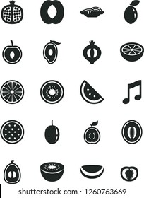 Solid Black Vector Icon Set - music vector, slices of onion, orange slice, half pomegranate, medlar, mango, peach, melon, loquat, cherry, passion fruit, kiwi, sour lime, guawa, piece coconut, tomato