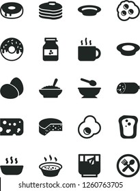 Solid Black Vector Icon Set - deep plate with a spoon vector, sausage, piece of cheese, eggs, cake hole, glazed, bowl buckwheat porridge, in saucepan, hot, milk, cup tea, glass, fried egg, omelette
