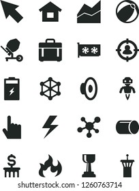 Solid Black Vector Icon Set - lightning vector, loudspeaker, line chart, baby bath ball, dwelling, concrete mixer, index finger, case, charging battery, pipe, man in sight, gpu card, cursor, flame