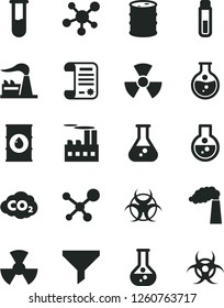 Solid Black Vector Icon Set - round flask vector, manufacture, factory, oil, barrel, industrial building, radiation, carbon dyoxide, filter, research article, test tube, molecule, nuclear, biohazard