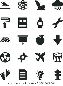 Solid Black Vector Icon Set - paint roller vector, downward direction, car child seat, cloud, footprints, drum, pavement, bottle, red apple, radiation hazard, bulb, usb, repair, file, atom, dna