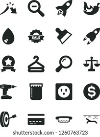 Solid Black Vector Icon Set - bank card vector, zoom out, scales, drill, putty knife, drop, hanger, mini hot dog, chili, jam, socket, a crisis, dollar, sale, rocket, purpose, star ribbon, beach