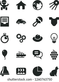 Solid Black Vector Icon Set - bell vector, incandescent lamp, stopwatch, hat, pie chart, archive, Child T shirt, beanbag, balloon, large grape, conveyor, retro car, three gears, robot, dialog, earth