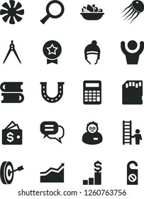 Solid Black Vector Icon Set - books vector, winter hat, a plate of fruit, fan, sd card, zoom, scientist, calculator, drawing compass, arrow graph, purpose, star medal, man with ladder, dialog, luck