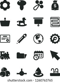 Solid Black Vector Icon Set - graphite pencil vector, baby rattle, children's train, small rocking horse, star gear, heating coil, mushroom, blueberries, drop of oil, shopping basket, dollars, earth