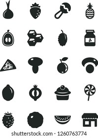 Solid Black Vector Icon Set - beanbag vector, piece of pizza, mushroom, muffin, cabbage, lollipop, jar jam, a pineapple, honeycombs, raspberry, half medlar, tasty, blueberry, mulberry, loquat, lime