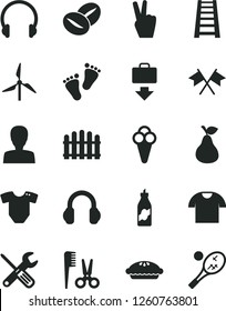 Solid Black Vector Icon Set - woman vector, t short, accessories for a hairstyle, footprints, small tools, stepladder, hedge, headphones, shirt, pie, coffee beans, cone, pear, liquor, windmill