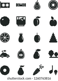 Solid Black Vector Icon Set - stacking toy vector, building level, cabbage, a glass of tea, apple, pear, rose hip, half loquat, ripe plum, passion fruit, kiwi, slice lemon, pineapple, guava, part