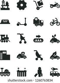 Solid Black Vector Icon Set - truck lorry vector, summer stroller, sitting, baby toy train, Kick scooter, delivery, shipment, sea port, modern gas station, battery, production conveyor, eco car