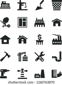 Solid Black Vector Icon Set - house vector, wicker pot, tower crane, dwelling, building trowel, concrete mixer, window, small tools, cordless drill, siphon, hammer with claw, home, industrial, hotel