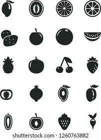 Solid Black Vector Icon Set - strawberry vector, cherry, raspberry, medlar, mango, half of, melon, water slice, ripe plum, tasty, sweet date fruit, juicy lemon, orange, pineapple, grapefruit, tomato