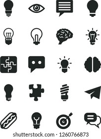 Solid Black Vector Icon Set - image of thought vector, matte light bulb, incandescent lamp, paper airplane, Puzzle, Puzzles, saving, eye, Hot Dog, think, brain, target, dialog