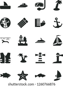 Solid Black Vector Icon Set - anchor vector, small fish, sea port, lighthouse, coastal, planet, sail boat, hotel, beach, palm tree, starfish, diving mask, life vest, jet ski, shark fin, yacht