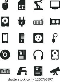 Solid Black Vector Icon Set - camera vector, plummet, faucet mixer, headphones, smartphone, plug, socket, assembly robot, SIM, mouse, keyboard, pc tower, motherboard, gpu card, monitor, hdd