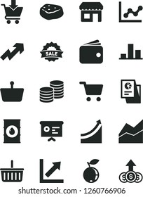 Solid Black Vector Icon Set - grocery basket vector, growth up, line chart, graph, put in cart, coins, piece of meat, blueberry, oil, kiosk, shopping, wallet, statistical research, sale, dollar