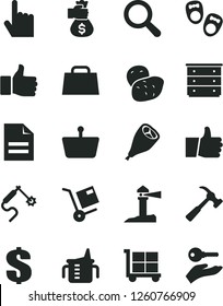 Solid Black Vector Icon Set - cargo trolley vector, scribbled paper, magnifier, dollar, chest of drawers, measuring cup for feeding, shoes little children, hammer with claw, index finger, thumb up