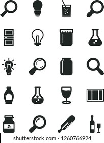 Solid Black Vector Icon Set - incandescent lamp vector, magnifier, mercury thermometer, window frame, bulb, interroom door, a glass of soda, jam, jar, bottle, flask, zoom, wine